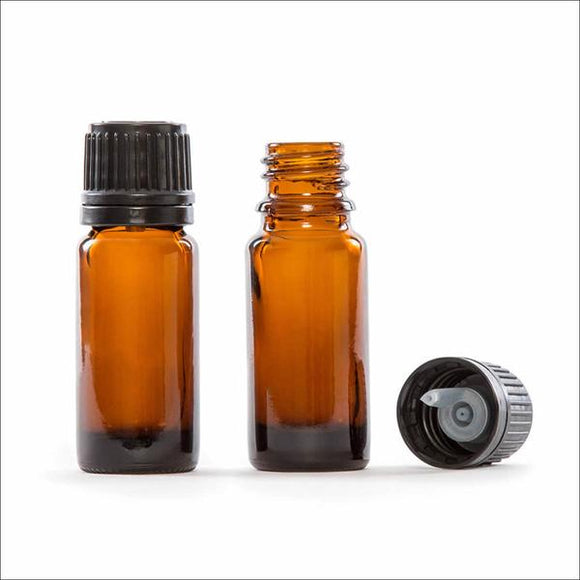 Amber Clear Glass Essential Oil Bottle with Reducer & Black Cap, 10ml 12,48,192,384